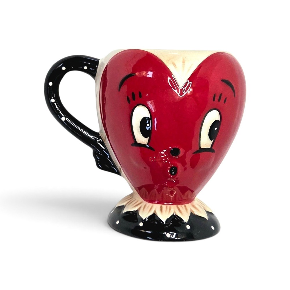 Vintage Style Anthropomorphic Heart Face Ceramic Mug Red Black Polka Dot Kitsch